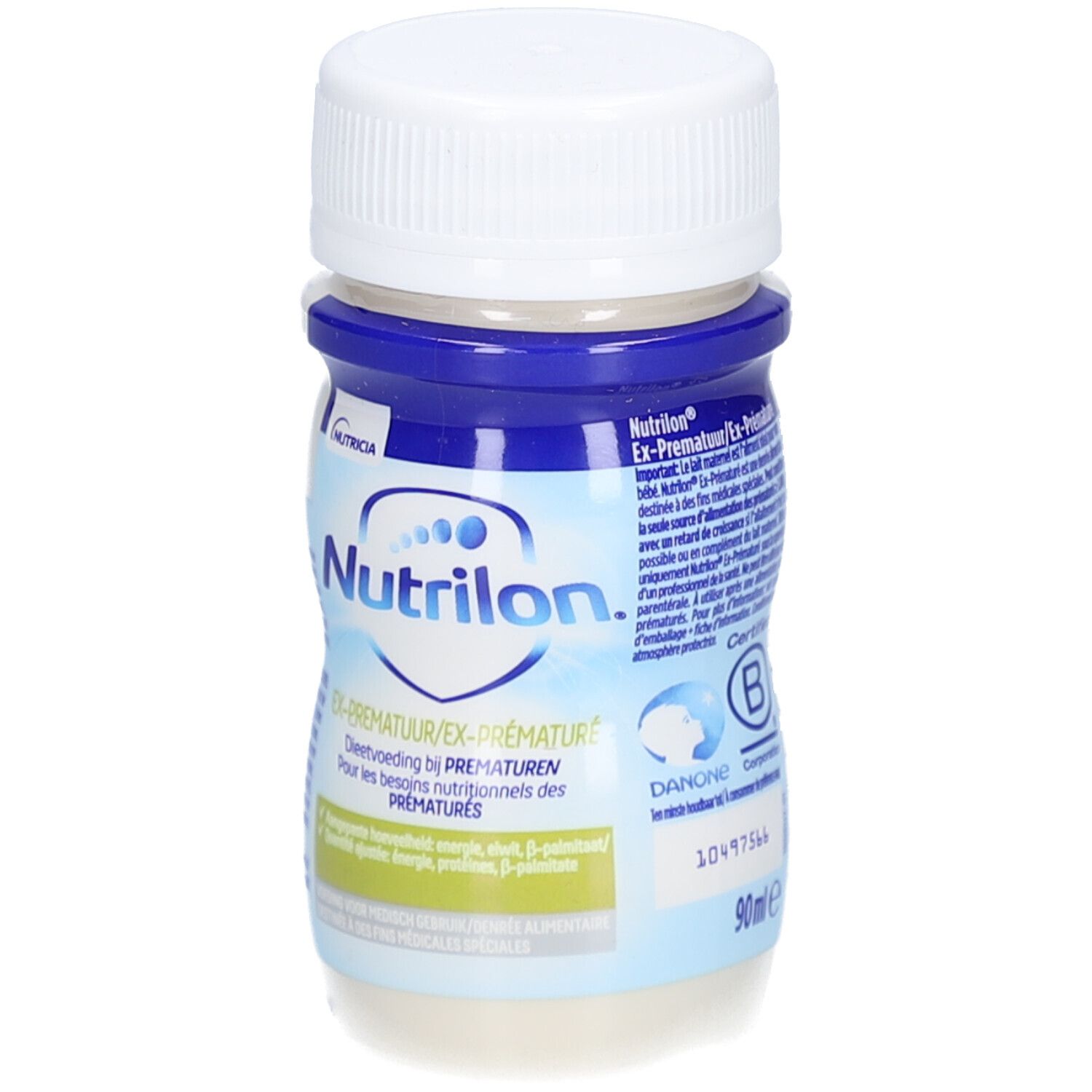 Bottiglia con tappo bianco. Scritta Nutrilon Ex-Premature. Confezione blu e bianca. Logo Danone.