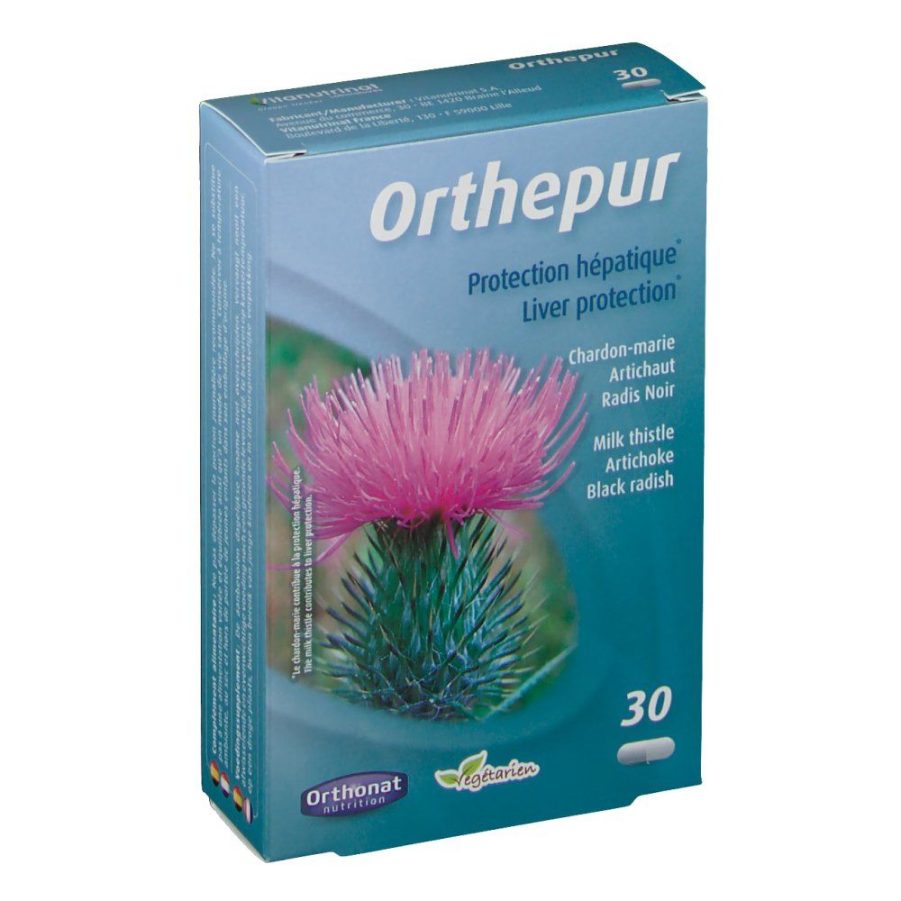 Scatola 'Orthepur'. Scritto: 'Protection hépatique', 'Liver protection'. Immagine di un fiore di cardo. 30 capsule.