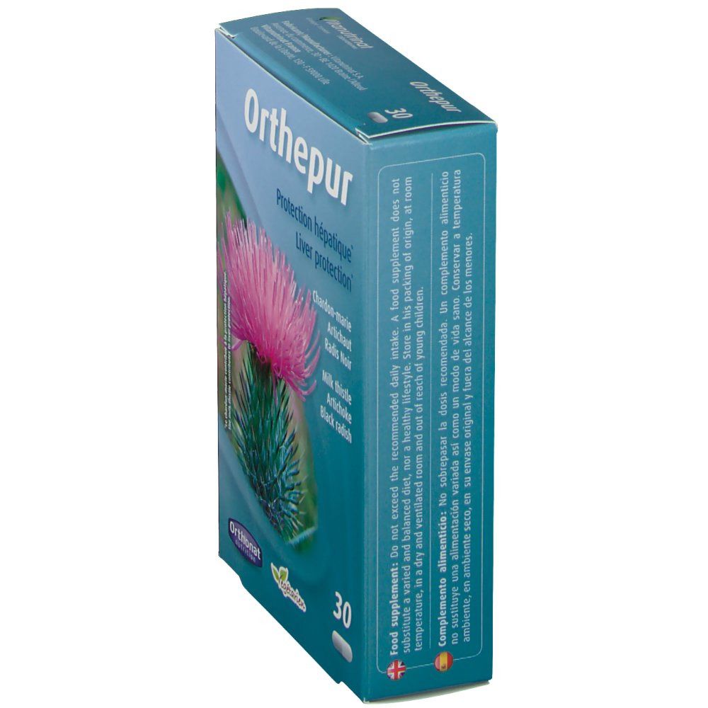 Scatola 'Orthepur' in prospettiva. Scritto: 'Protection hépatique', 'Liver protection'. Fiore di cardo. 30 capsule. Testo in francese, spagnolo, olandese.