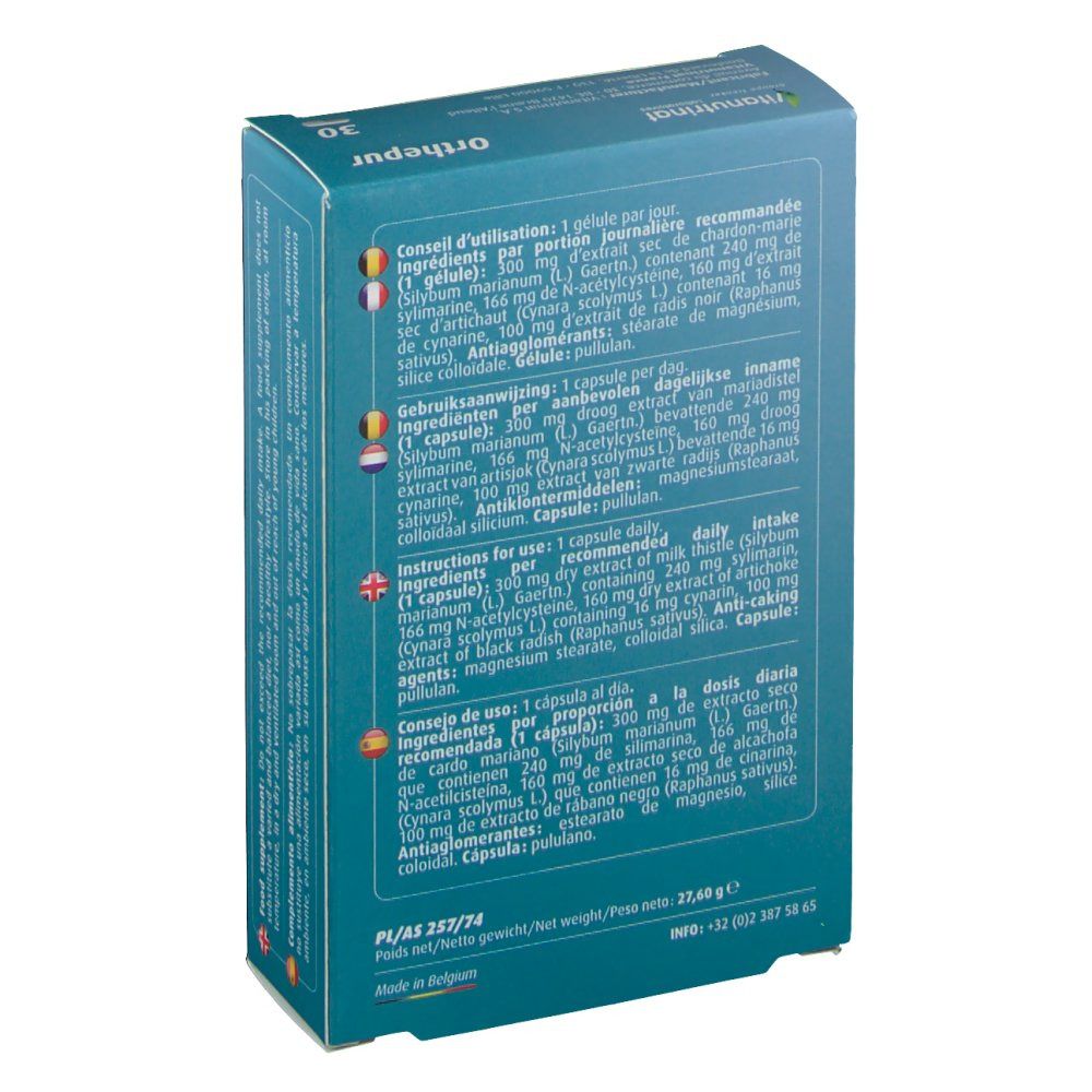 Retro della scatola 'Orthepur'. Testo in francese, olandese, inglese, spagnolo. Elenco ingredienti. 1 capsula al giorno. 30 capsule.