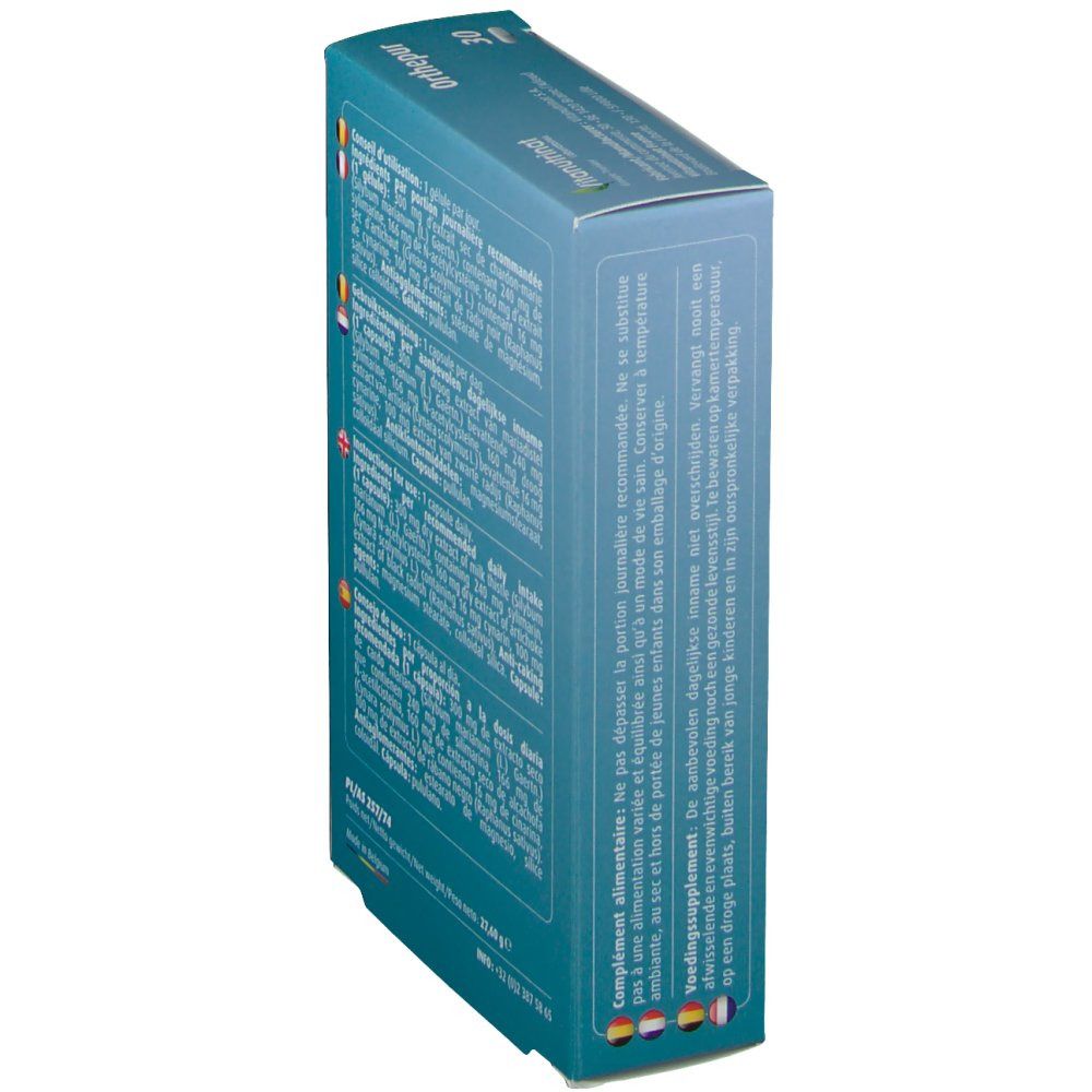 Scatola 'Orthepur' in prospettiva. Testo in francese, olandese, inglese, spagnolo. Informazioni produttore. 30 capsule.