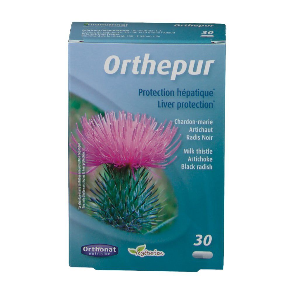 Scatola 'Orthepur'. Scritto: 'Protection hépatique', 'Liver protection'. Immagine di un fiore di cardo. 30 capsule. Logo 'Vegetariano'.
