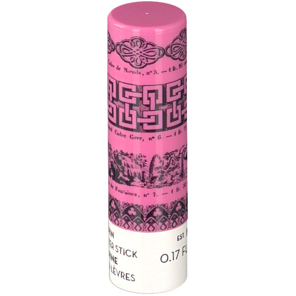 Stick di burro labbra rosa con base bianca. Ornamenti e testo neri. Scritta: Mandarin Lip Butter Stick, 0.17 FL OZ.