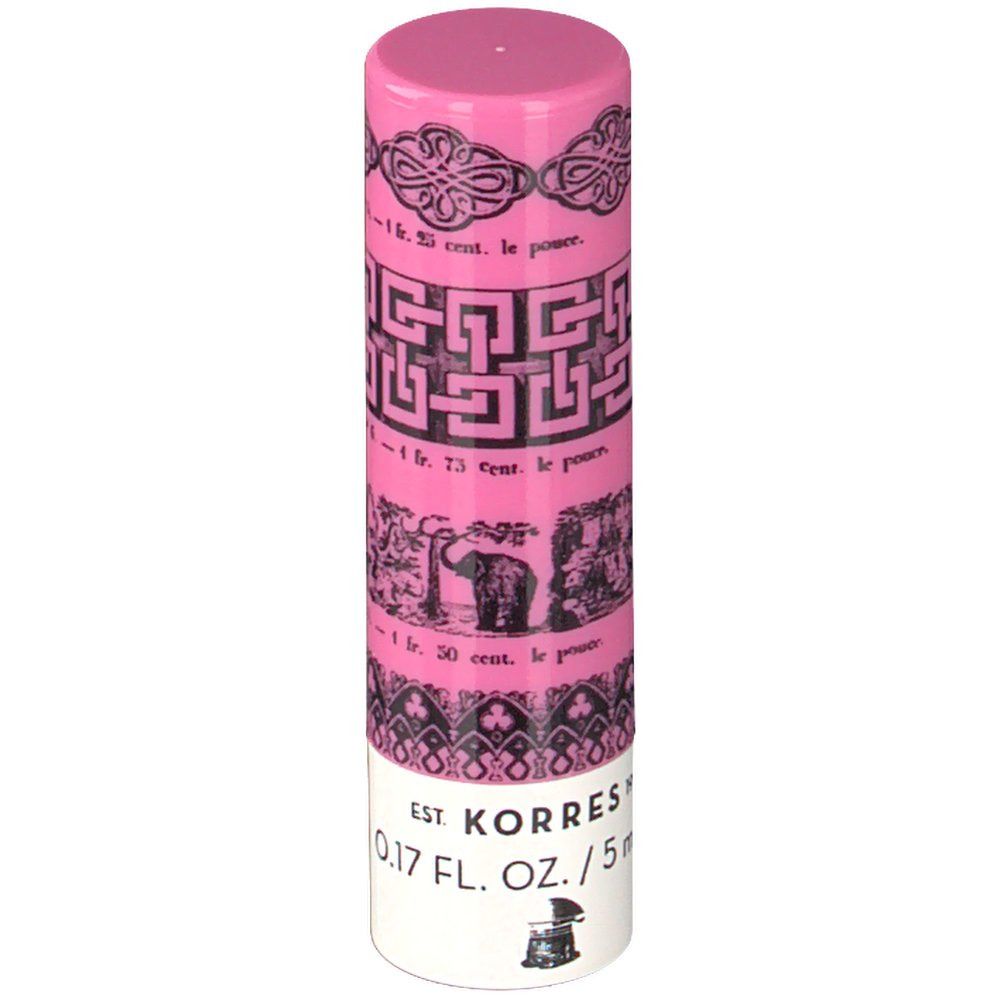 Stick di burro labbra rosa con base bianca. Ornamenti e testo neri. Scritta: KORRES, 0.17 FL. OZ./5ml.