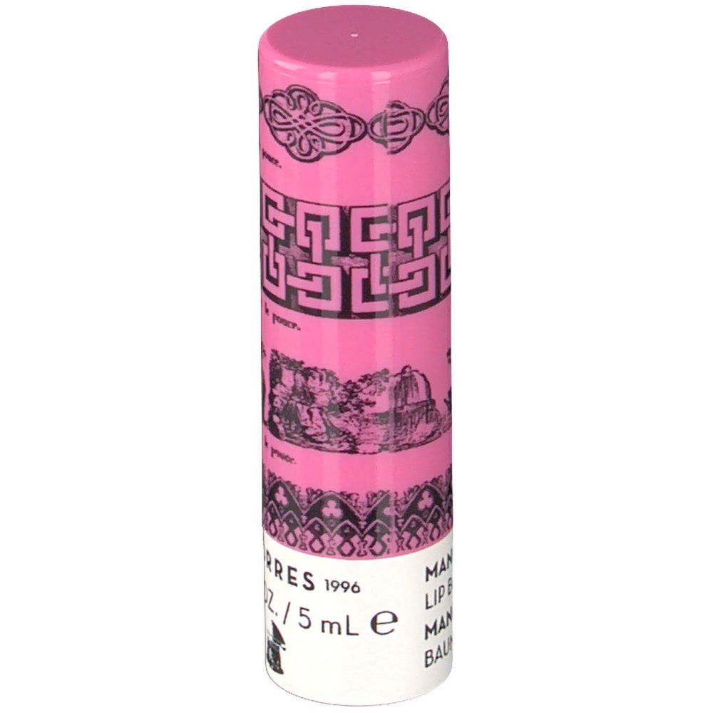 Stick di burro labbra rosa con base bianca. Ornamenti e testo neri. Scritta: KORRES 1996, /5 mL e, Mandarin Lip Butter.