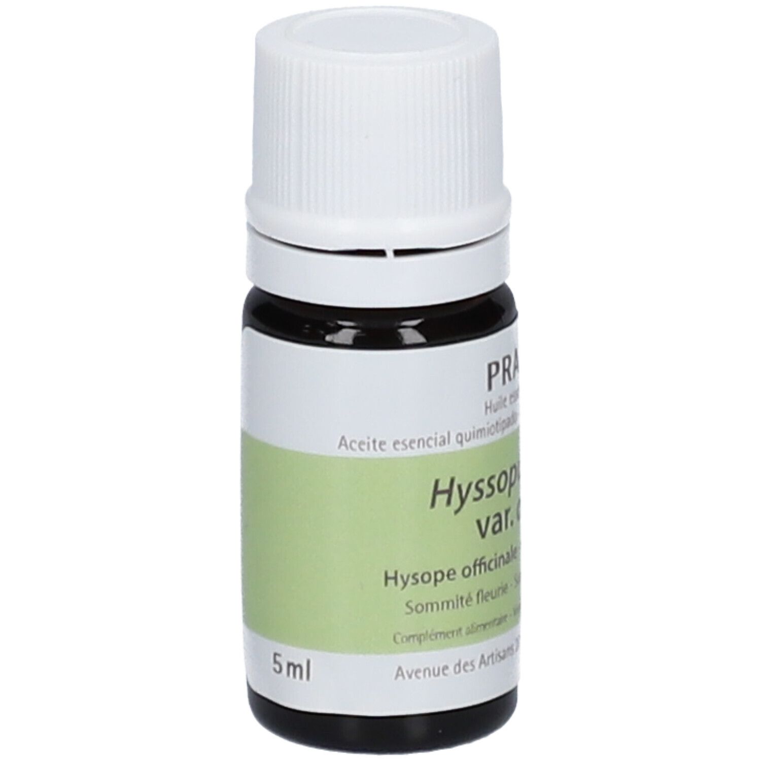 Flacone di vetro marrone con tappo bianco. Scritta: Pranarôm, Hyssopus officinalis var. officinalis. Etichetta con lotto e scadenza.