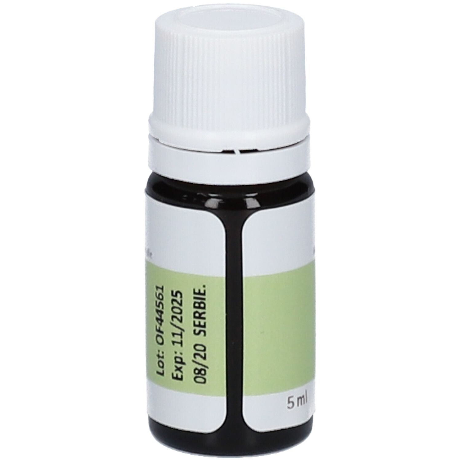 Flacone di vetro marrone con tappo bianco. Scritta: Pranarôm, Hyssopus officinalis var. officinalis. Etichetta con lotto e scadenza.