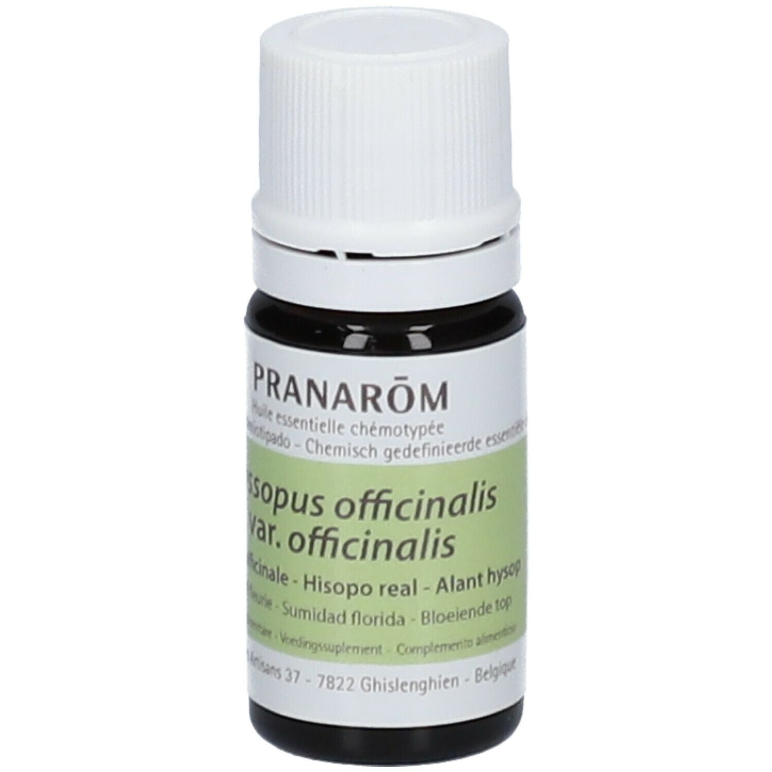 Flacone di vetro marrone con tappo bianco. Scritta: Pranarôm, Hyssopus officinalis var. officinalis. Etichetta con lotto e scadenza.