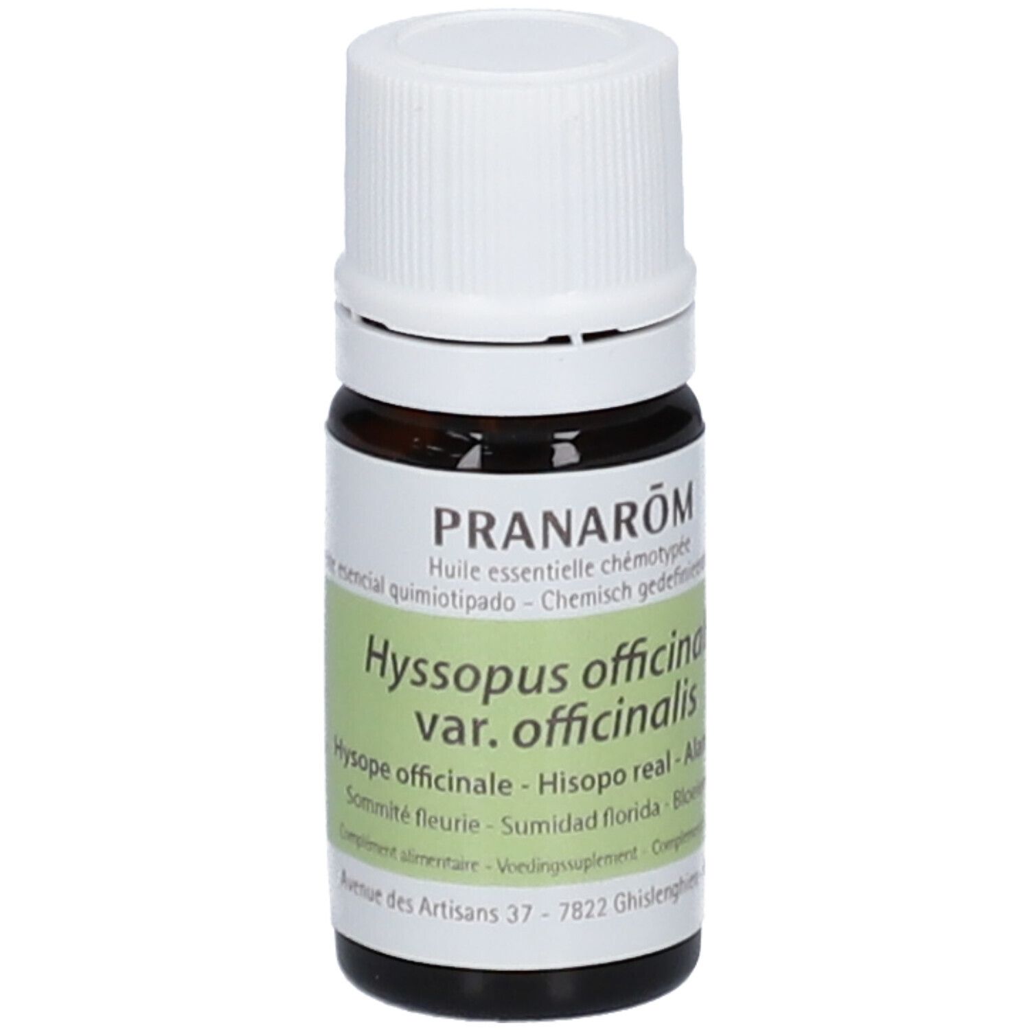 Flacone di vetro marrone con tappo bianco. Scritta: Pranarôm, Hyssopus officinalis var. officinalis. Etichetta con lotto e scadenza.