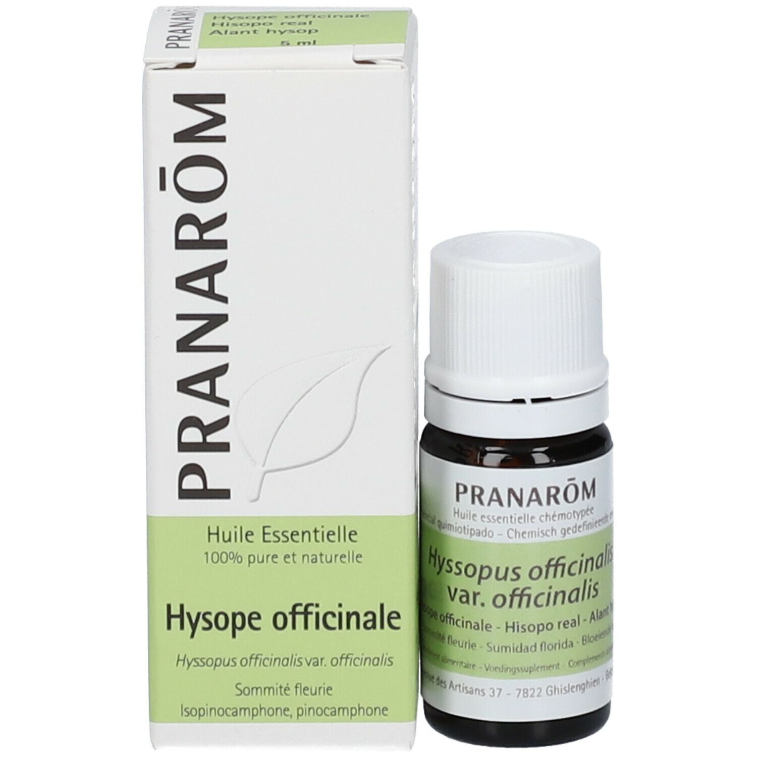 Flacone di vetro marrone con tappo bianco e scatola. Scritta: Pranarôm, Hyssopus officinalis var. officinalis. Scatola con informazioni.