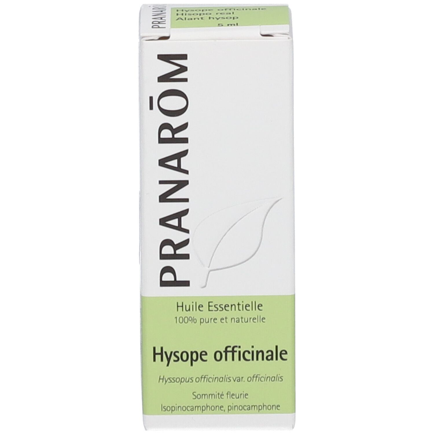 Scatola con informazioni. Scritta: Pranarôm, Hysop officinale. Etichetta: Huile Essentielle 100% pure et naturelle.