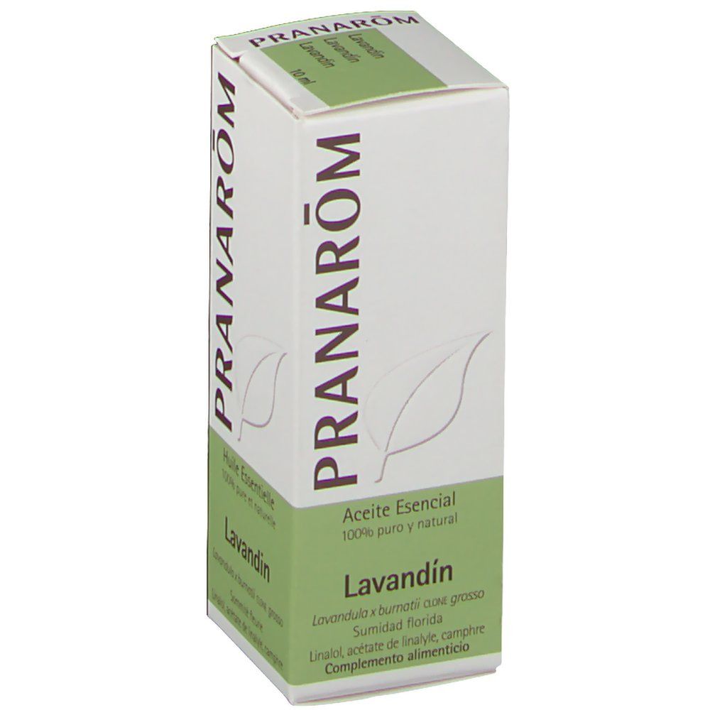 Scatola bianca e verde con scritte PRANAROM e Lavandin. Contiene informazioni sugli ingredienti e certificazioni.