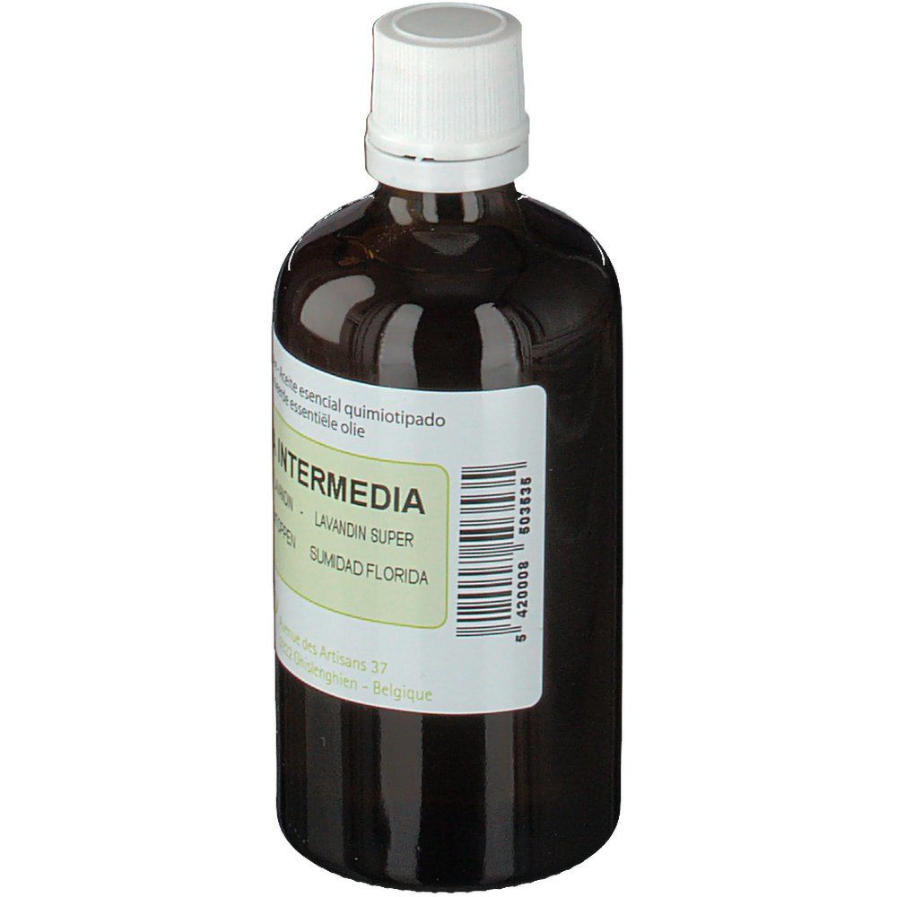 Flacone di vetro marrone con tappo bianco. Etichetta con nome del prodotto e codice a barre. Marchio PRANAROM.