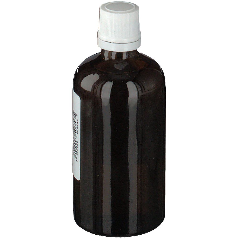 Flacone di vetro marrone con tappo bianco. Nessuna etichetta o testo visibile.