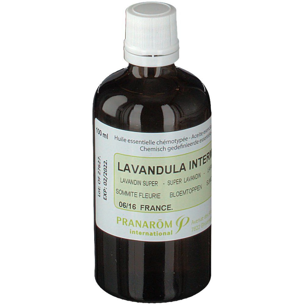 Flacone di vetro marrone con tappo bianco. Etichetta con nome del prodotto, volume 100 ml e data di scadenza. Marchio PRANAROM.