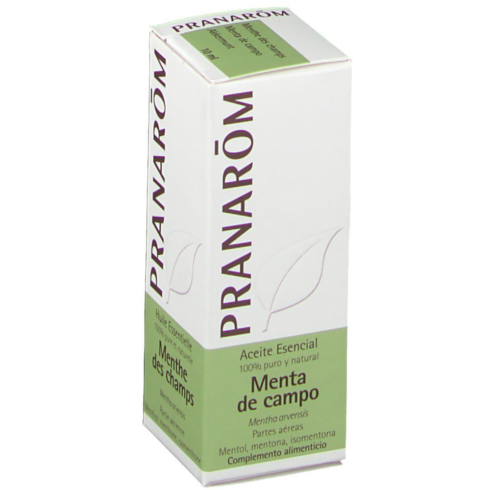Scatola bianca e verde. Scritta: Pranarom, Menta de campo, Aceite Esencial 100% puro. Logo foglia.