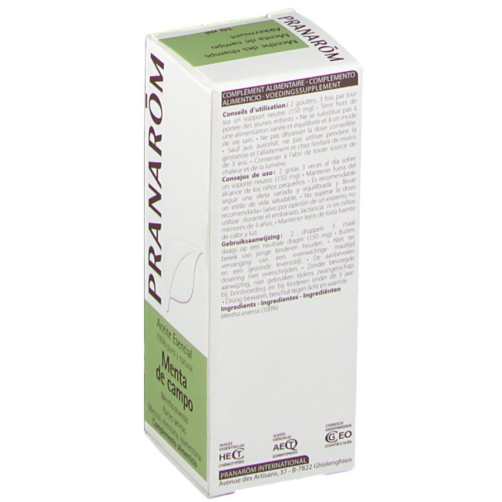 Scatola bianca e verde. Scritta: Pranarom, Menta de campo, informazioni aggiuntive. Testo multilingue.