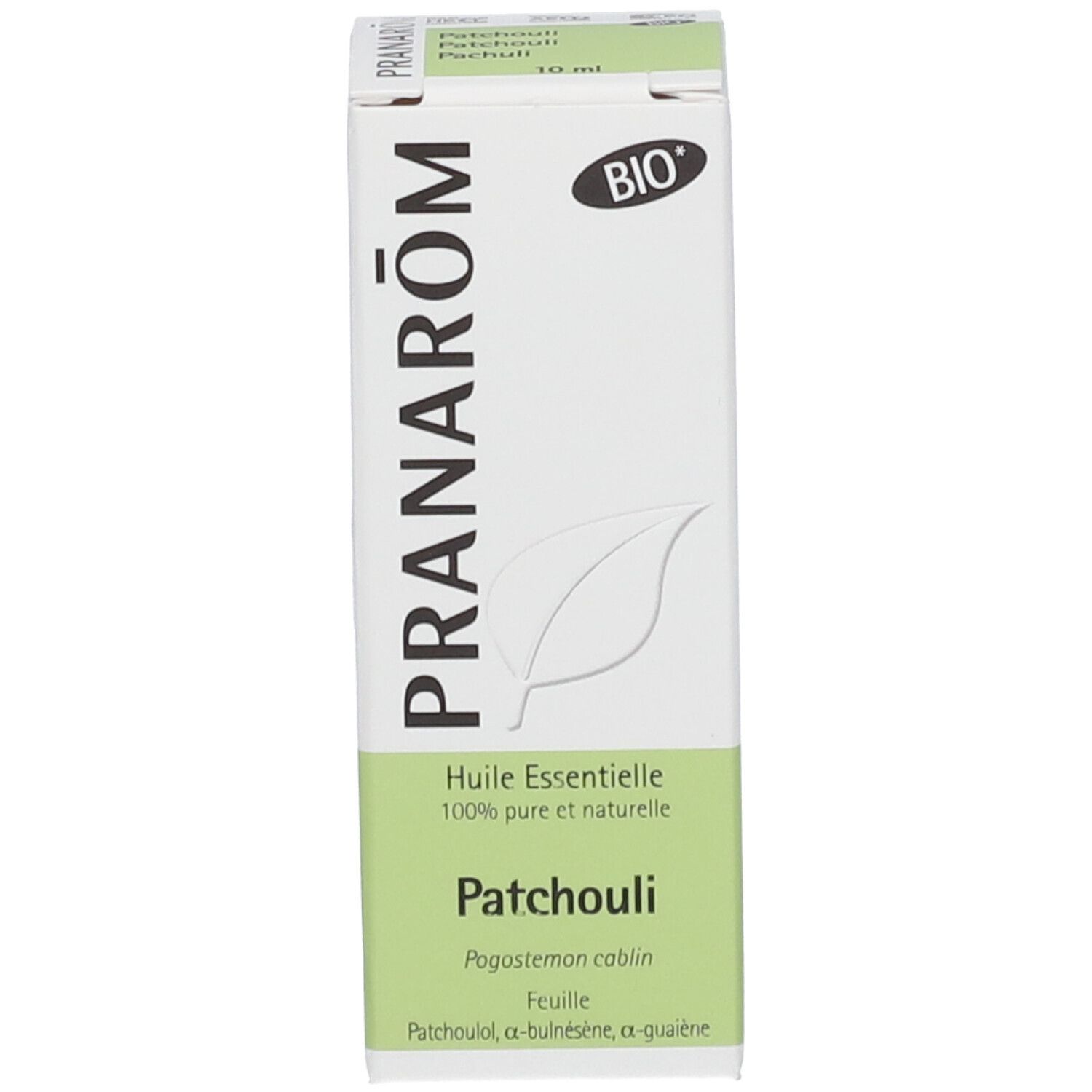 Scatola con logo e informazioni sul prodotto. Testo: Huile Essentielle Patchouli.