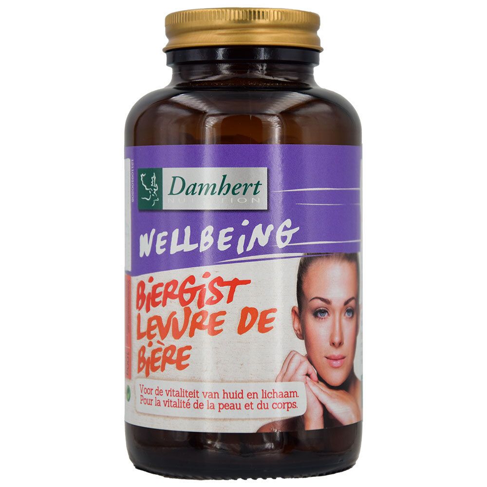Flacone marrone con capsule. Scritta: Wellbeing, Biergist, Levure de Bière. Volto di donna.
