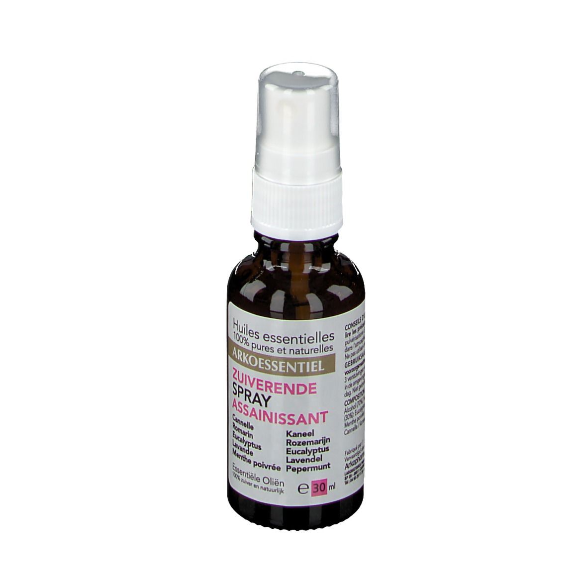 Flacone di vetro marrone con vaporizzatore. Scritta: ARKOESSENTIEL, ZUIVERENDE SPRAY, Assainissant. Contiene oli essenziali.