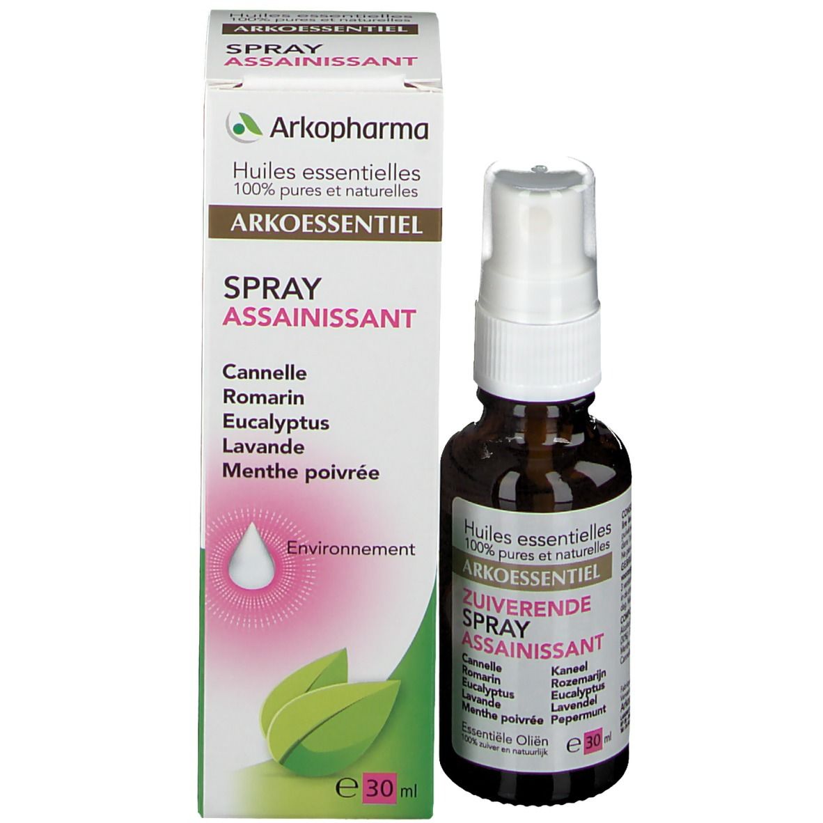 Prodotto e confezione. Flacone di vetro marrone con vaporizzatore e scatola. Scritta: ARKOESSENTIEL, SPRAY ASSAINISSANT.