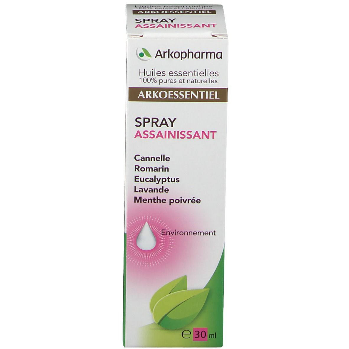 Confezione in cartone. Scritta: ARKOESSENTIEL, SPRAY ASSAINISSANT. Logo: Arkopharma. Illustrazione: goccia e foglie.