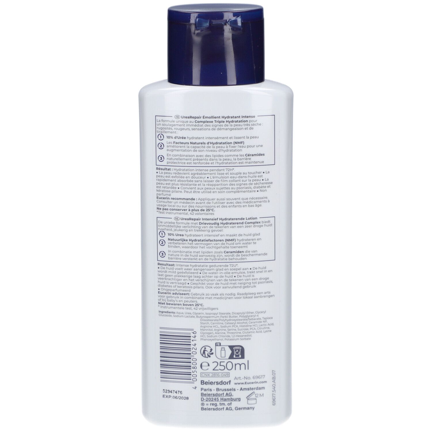 Retro della lozione Eucerin UreaRepair Plus. Testo, codice a barre e indicazione del volume 250 ml.