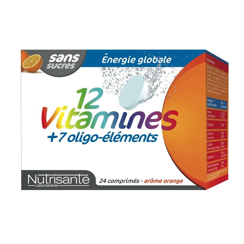 Confezione di 12 vitamine + 7 oligoelementi. Marchio Nutrisanté. 24 compresse effervescenti, gusto arancia.