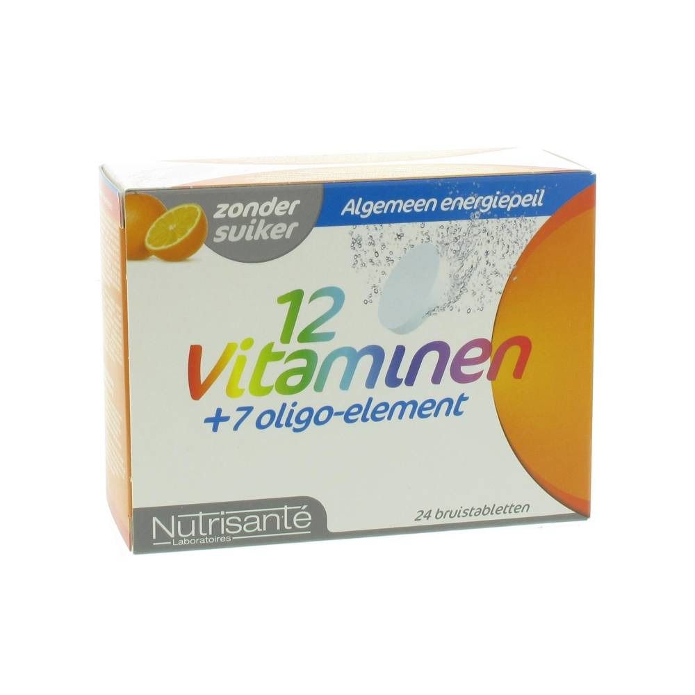 Confezione di 12 vitamine + 7 oligoelementi. Marchio Nutrisanté. 24 compresse effervescenti, gusto arancia.