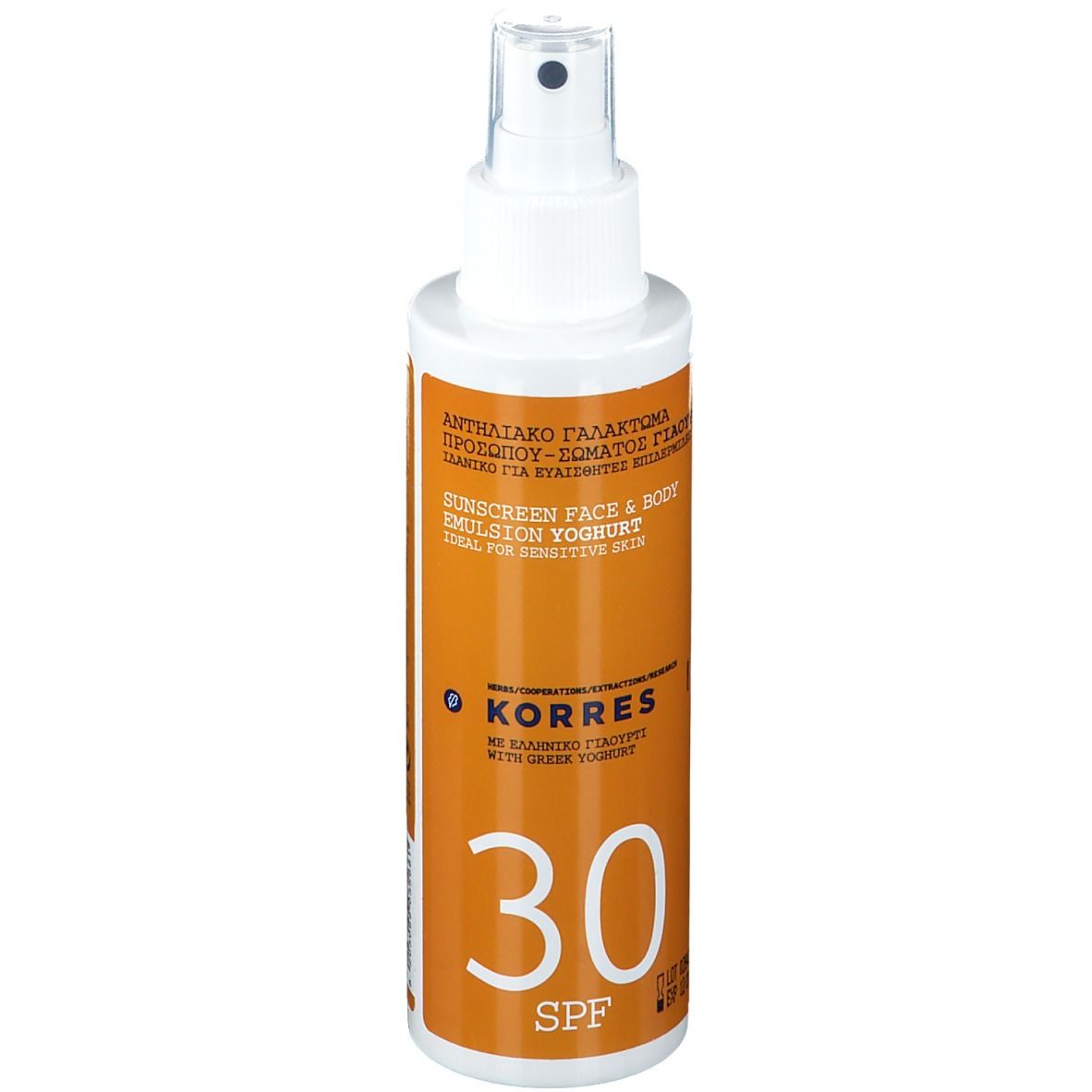 Spray solare SPF 30. Flacone bianco con etichetta arancione. Testo: KORRES, Yoghurt, SPF 30.