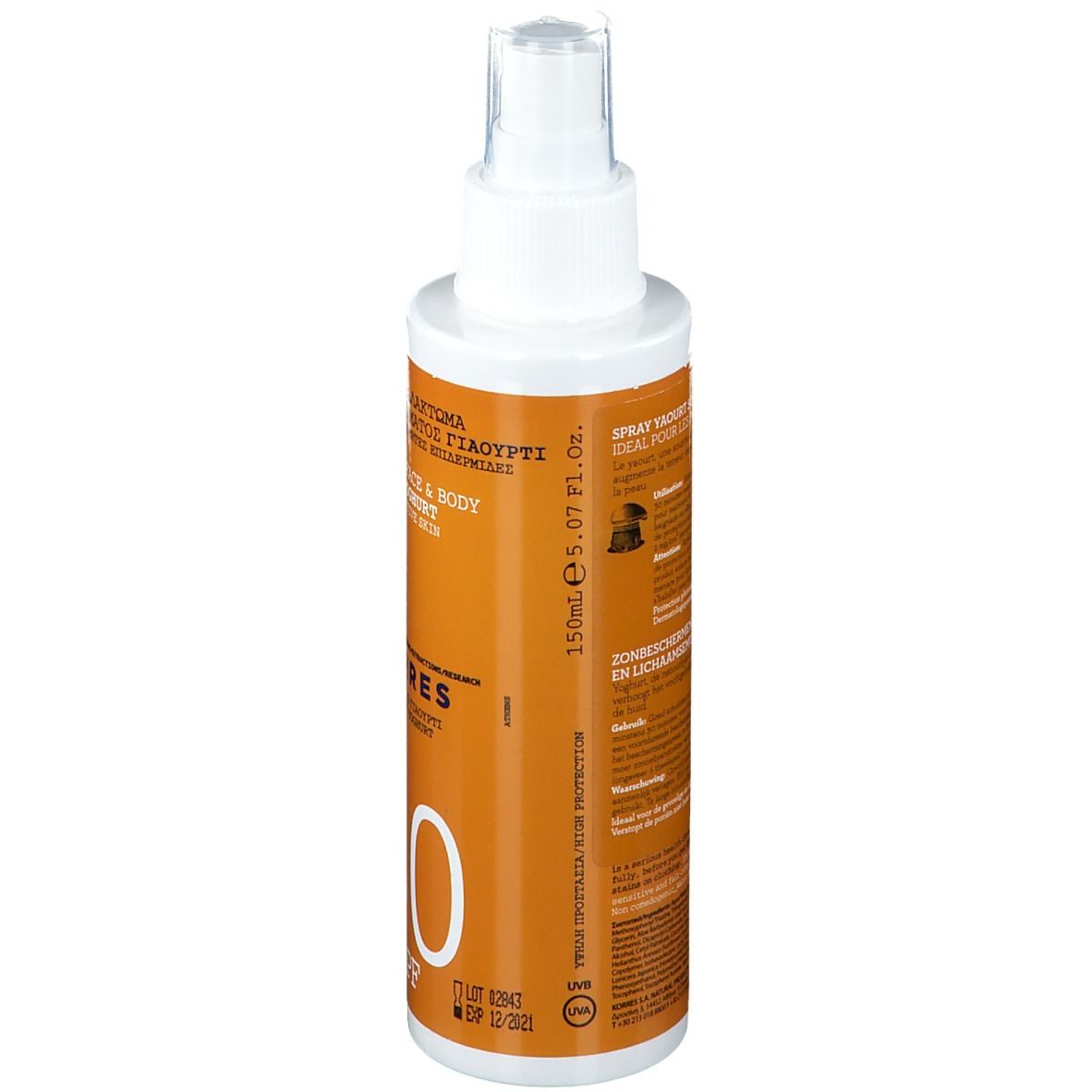 Retro del flacone spray solare. Flacone bianco con etichetta arancione. Testo: KORRES, Yoghurt, SPF 30, 150ml.