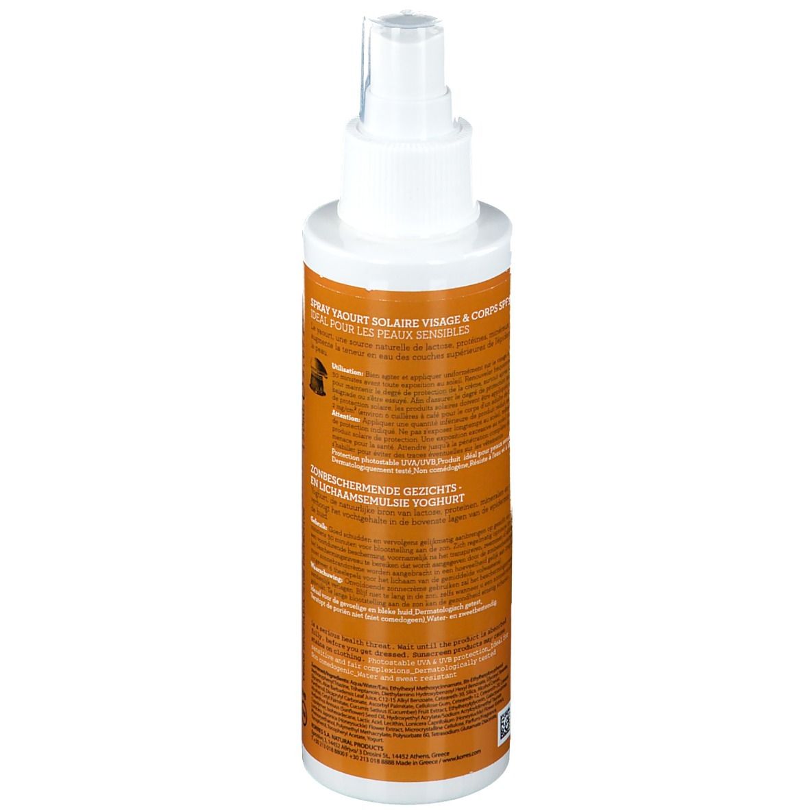 Retro del flacone spray solare. Flacone bianco con etichetta arancione. Testo in tedesco e olandese.