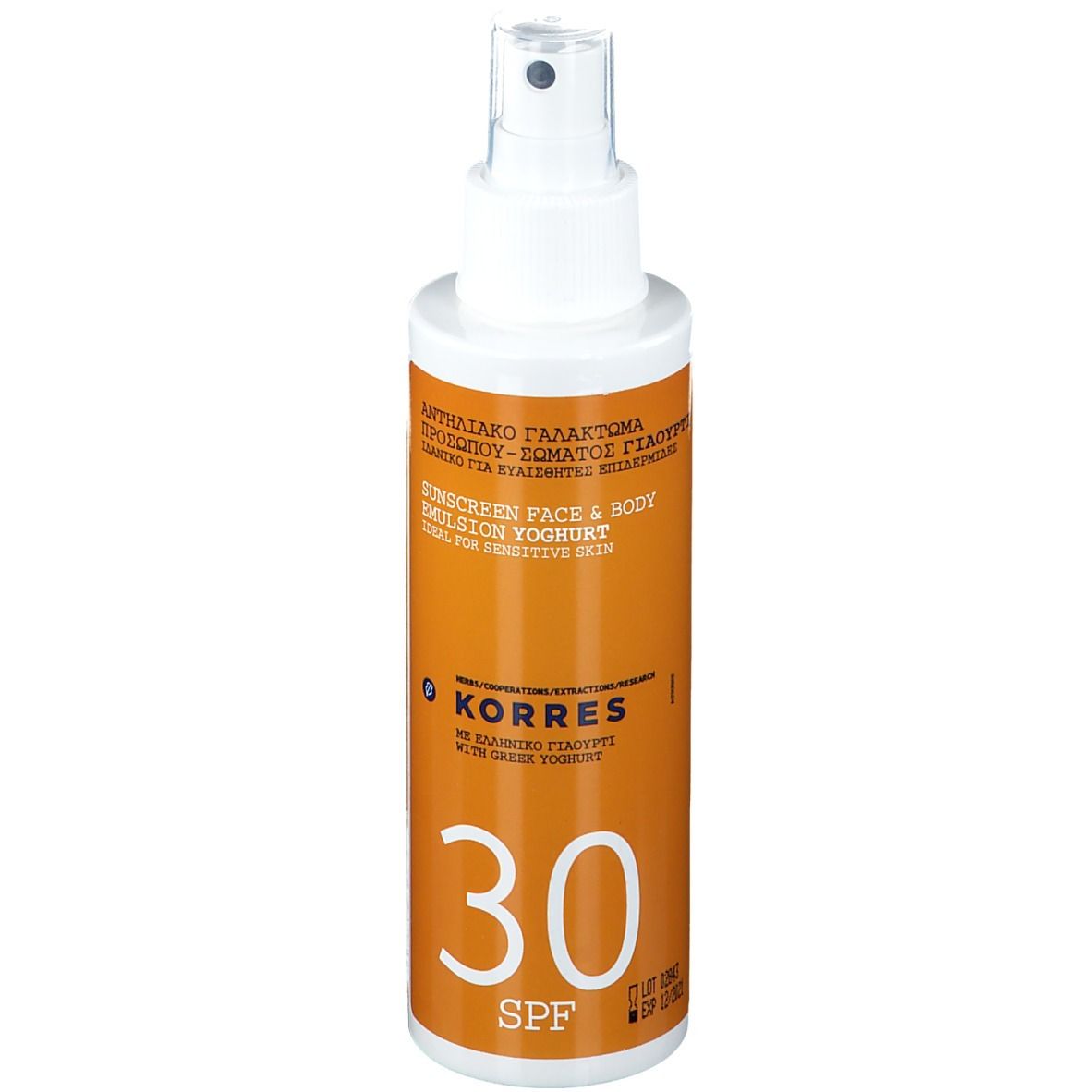Spray solare SPF 30. Flacone bianco con etichetta arancione. Testo: KORRES, Yoghurt, SPF 30.