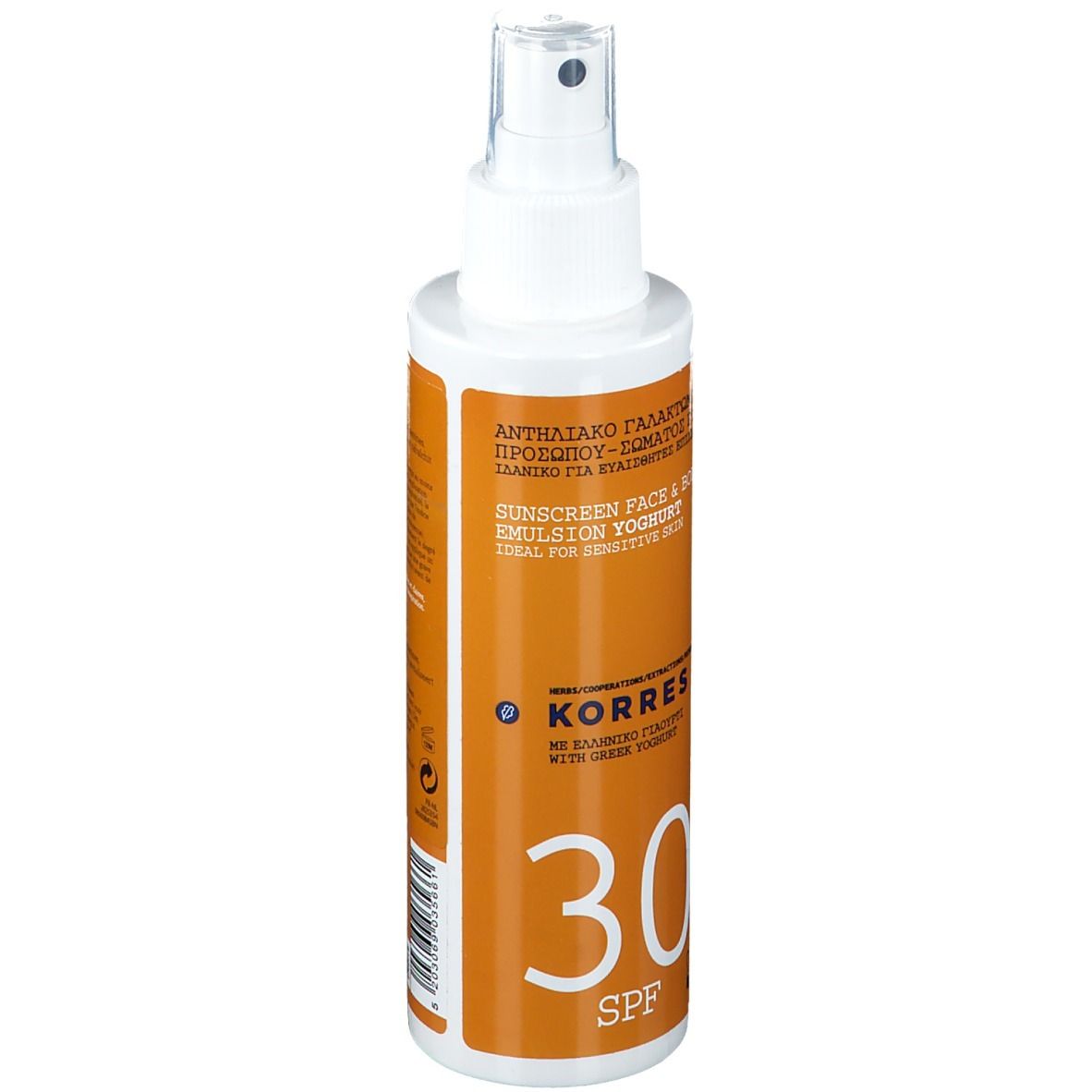 Spray solare SPF 30. Flacone bianco con etichetta arancione. Testo: KORRES, Yoghurt, SPF 30.