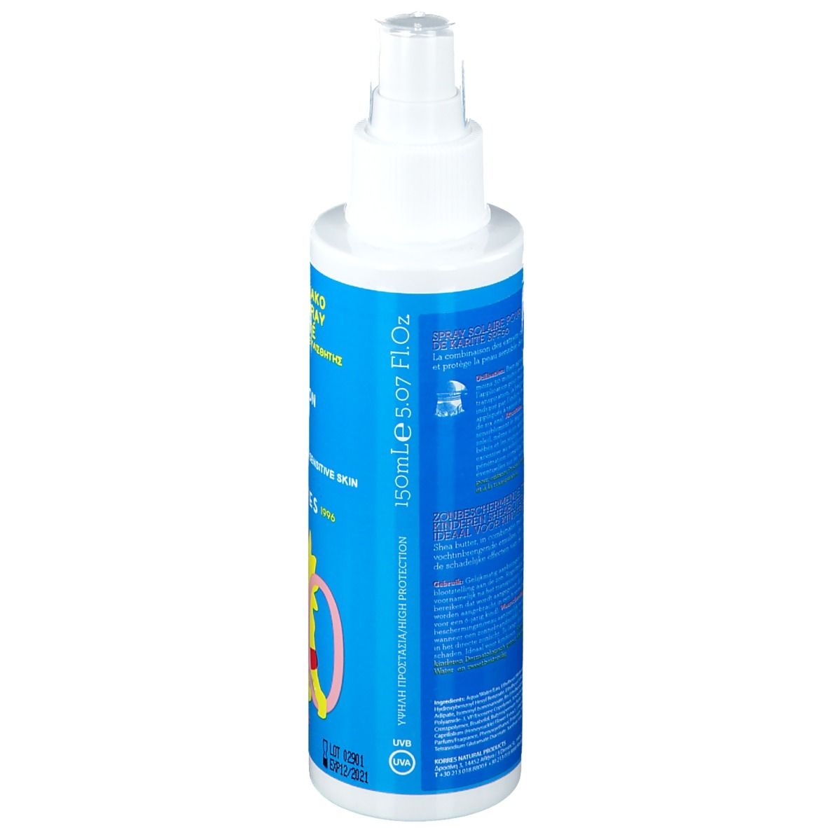 Retro dell'emulsione solare spray per bambini. Flacone blu con testo. 150ml. Simbolo di protezione UV.