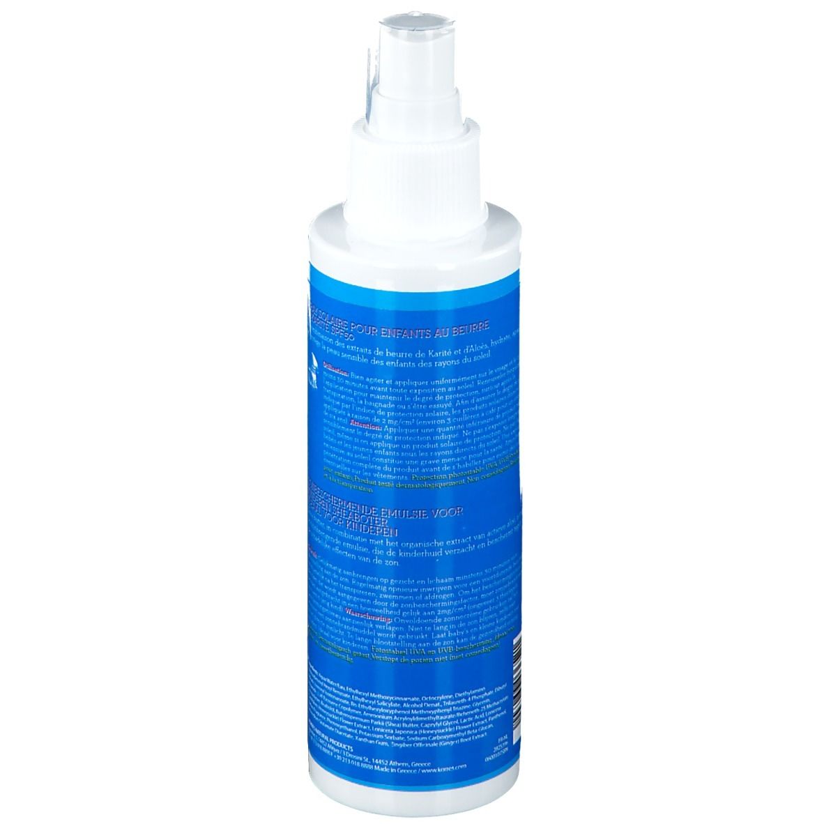 Retro dell'emulsione solare spray per bambini. Flacone blu con testo. Dettaglio degli ingredienti e dell'uso.