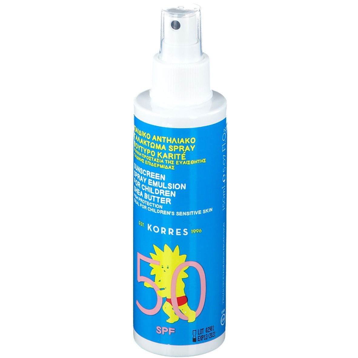 Emulsione solare spray per bambini. Flacone blu con erogatore bianco. SPF 50. Logo KORRES e disegno bambino.