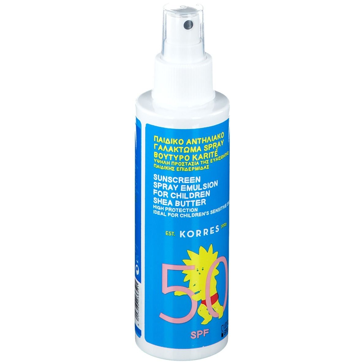 Emulsione solare spray per bambini. Flacone blu con erogatore bianco. SPF 50. Logo KORRES e disegno bambino.