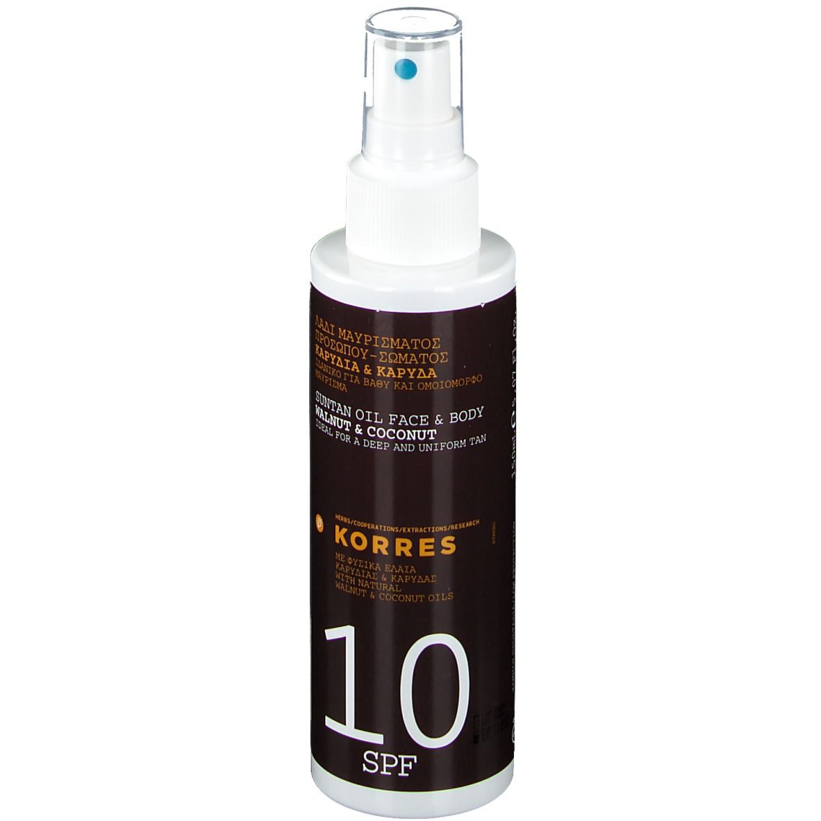 Flacone spray con testa bianca ed etichetta marrone. Scritta: KORRES, SPF 10. Contiene olio di noce e cocco.
