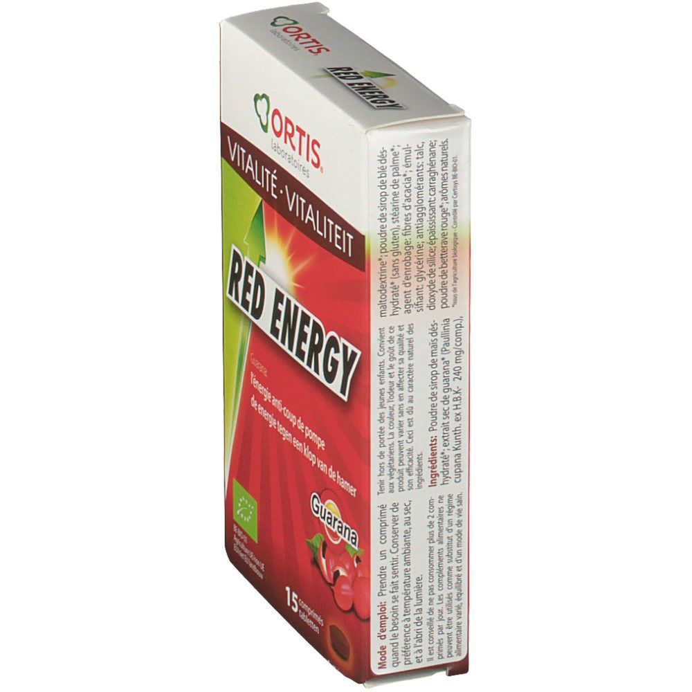 Vista laterale della confezione Ortis Red Energy Bio. Scritte: Red Energy, Vitalité. Contiene 15 compresse. Ingredienti visibili.