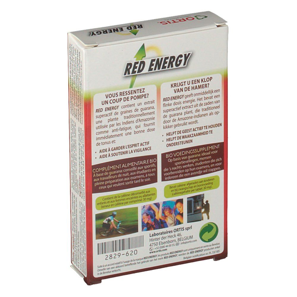 Retro della confezione Ortis Red Energy Bio. Testi in francese e olandese. Logo bio e codice QR.