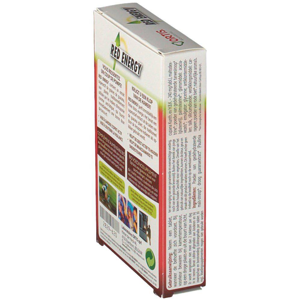 Vista laterale della confezione Ortis Red Energy Bio. Testi in francese e olandese. Ingredienti e consigli d'uso.