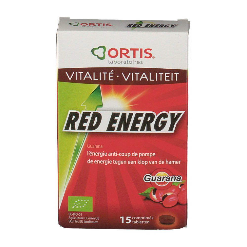Vista frontale della confezione Ortis Red Energy Bio. Scritte: Red Energy, Vitalité, 15 compresse. Logo bio e guarana.