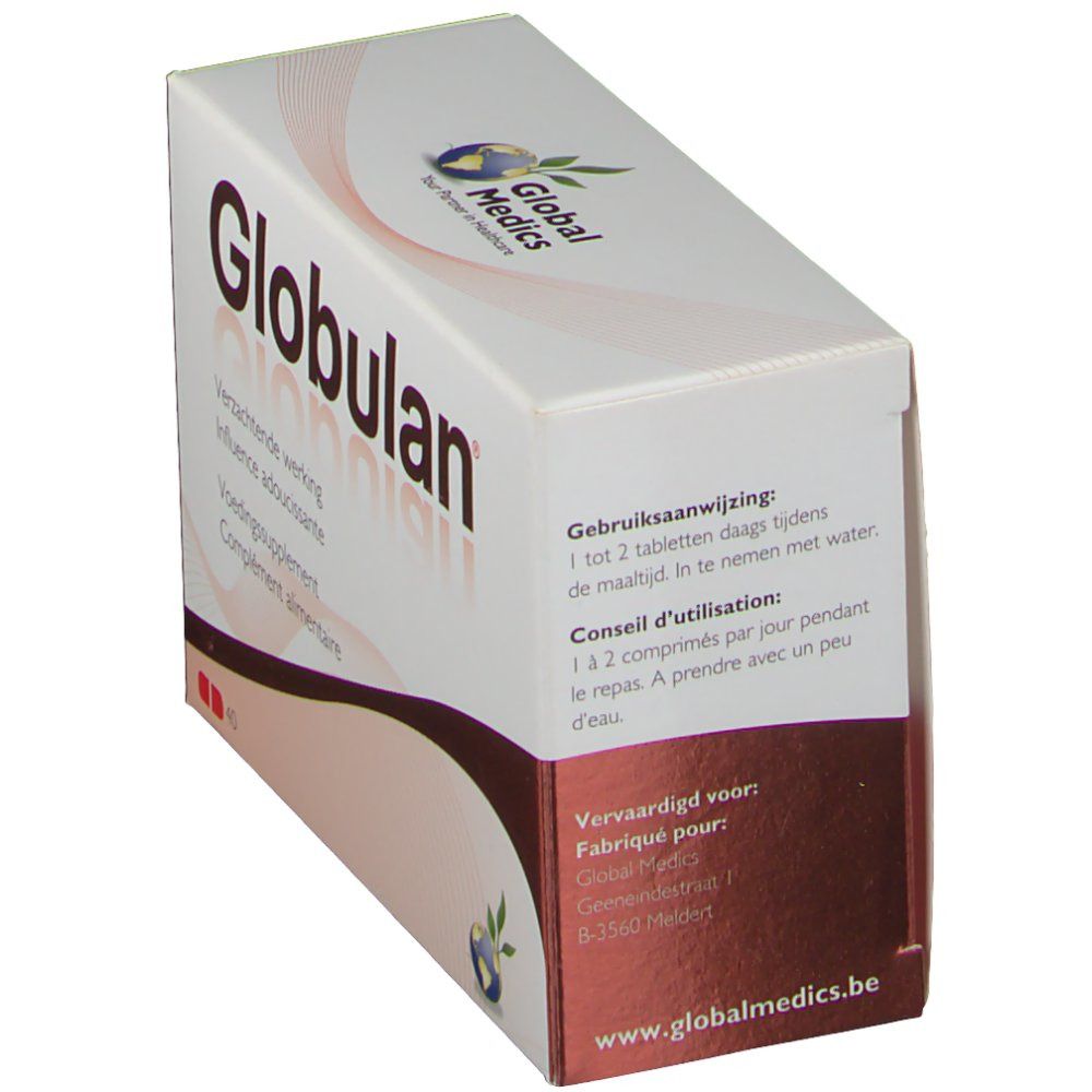 Confezione di Globulan. Scatola bianca con testo rosso. Istruzioni in olandese e francese.
