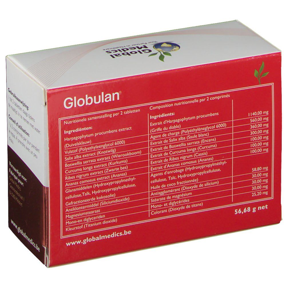 Confezione di Globulan. Retro rosso con informazioni nutrizionali. Composizione e ingredienti.