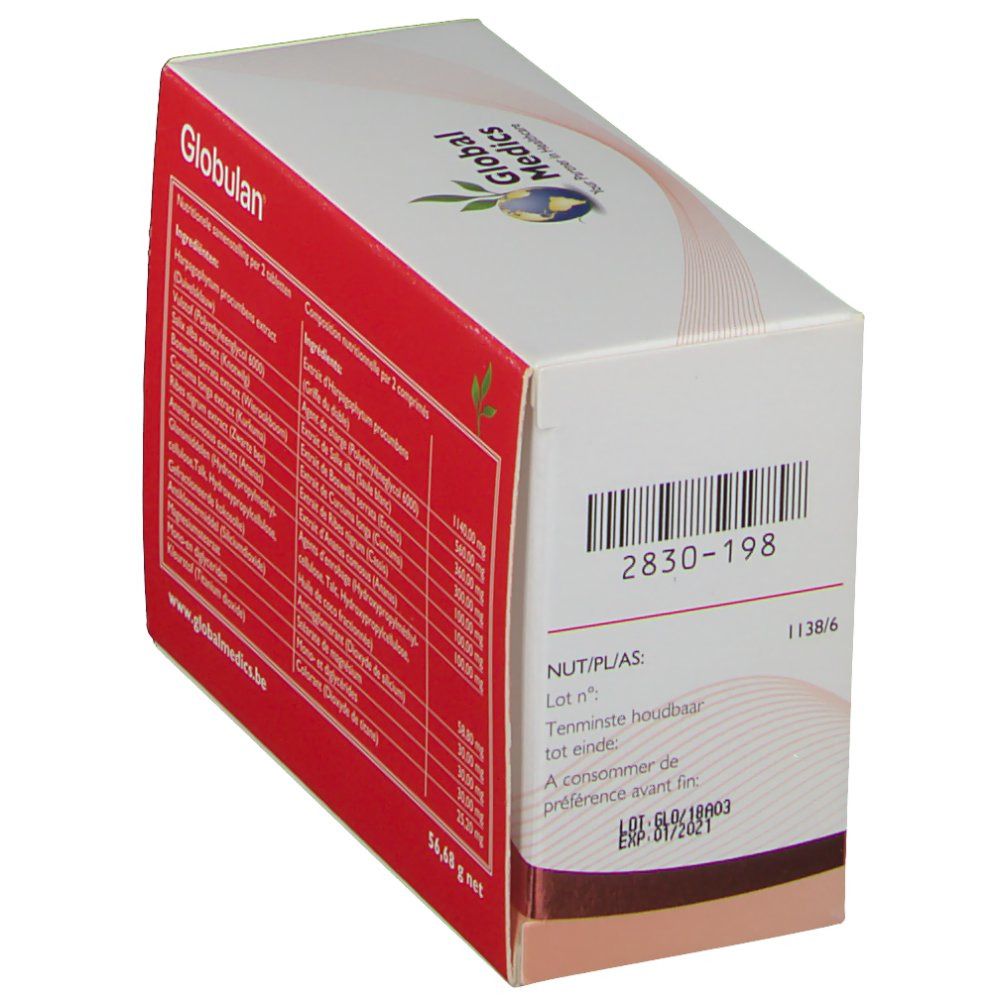 Confezione di Globulan. Lato rosso con informazioni. Numero di lotto e data di scadenza.