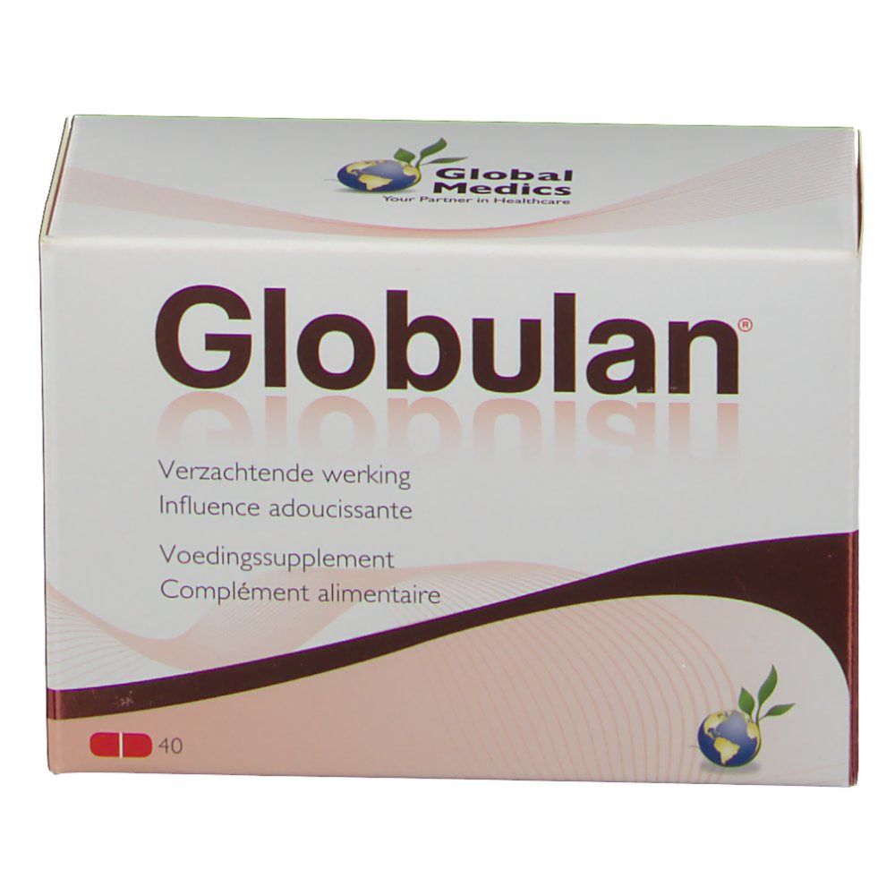 Confezione di Globulan. Scatola bianca con testo rosso. Contiene 40 capsule. Logo Global Medics.