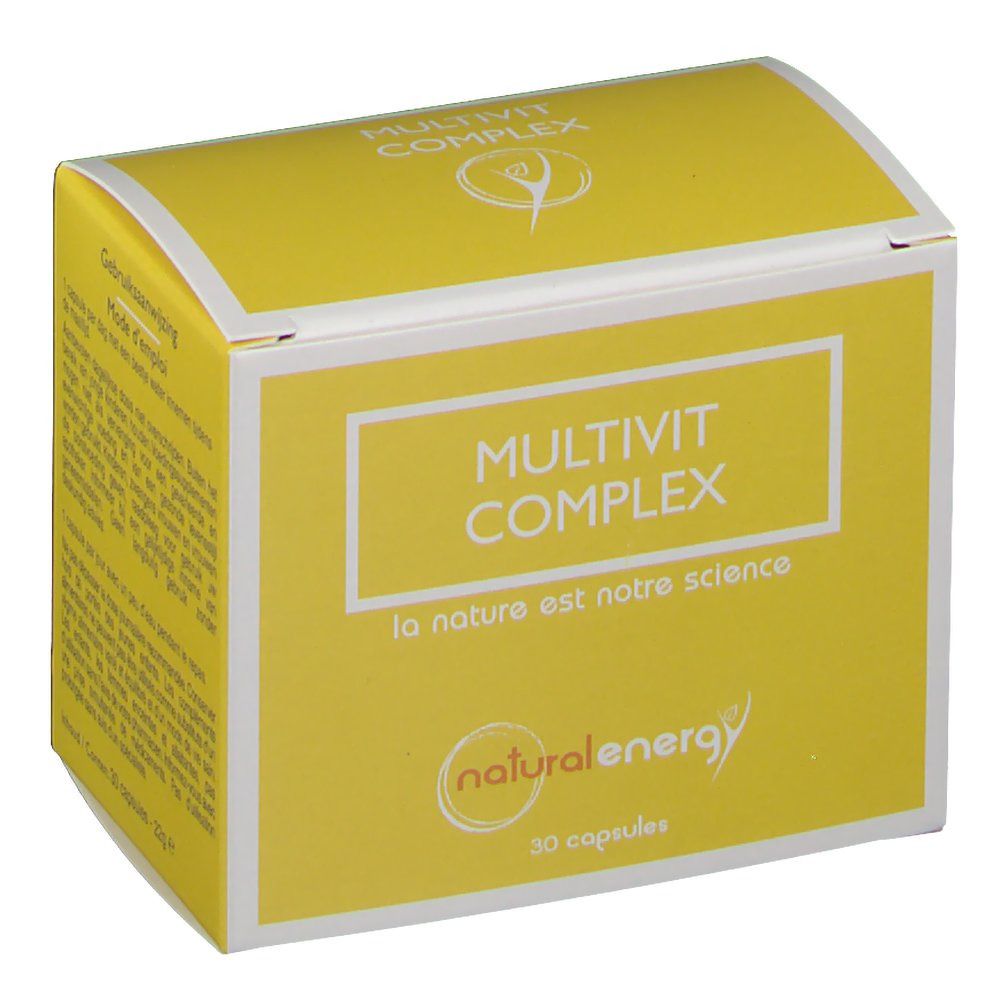 Scatola gialla con cornice bianca e scritta MULTIVIT COMPLEX. Logo Natural Energy. Contiene 30 capsule.