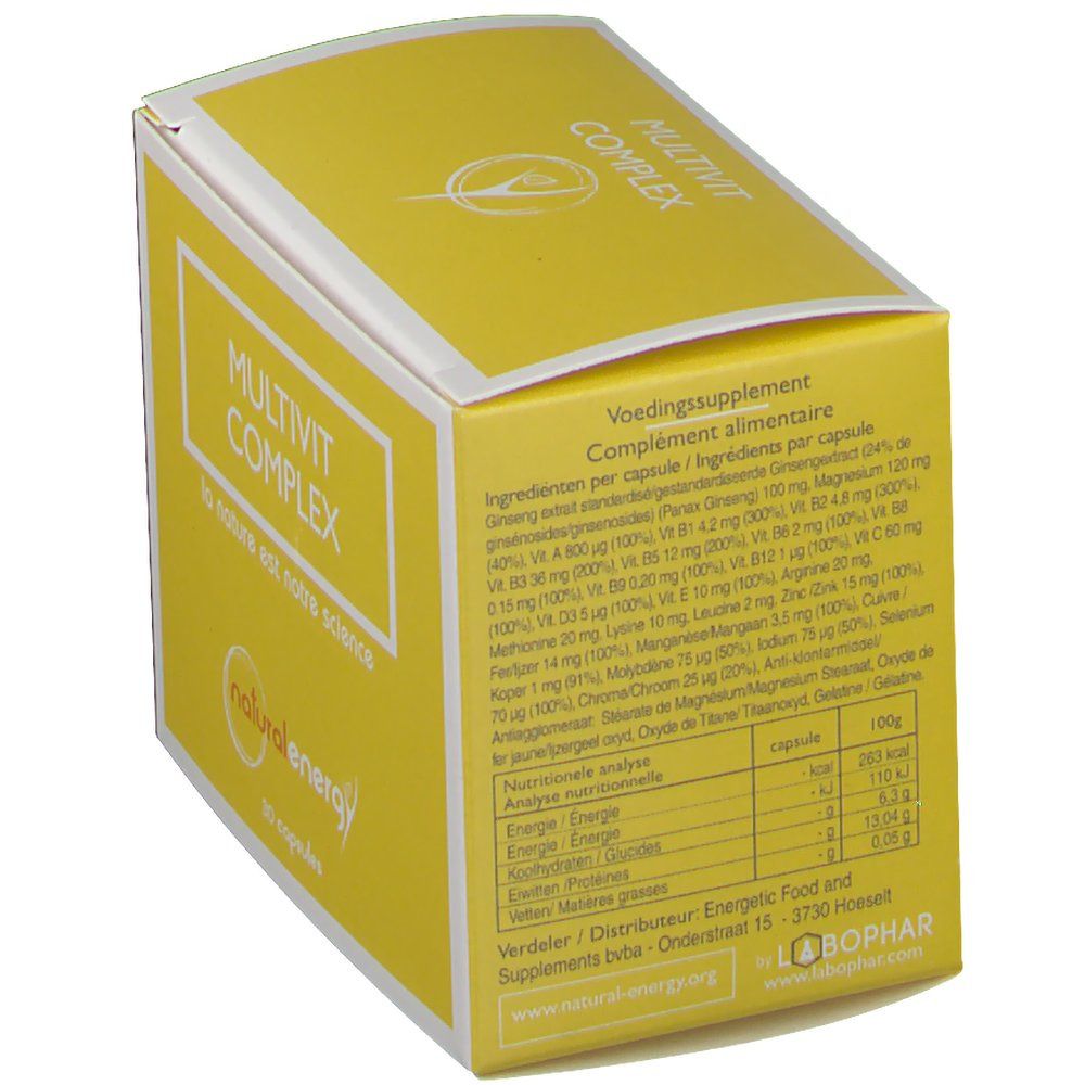 Scatola gialla con cornice bianca e scritta MULTIVIT COMPLEX. Contiene informazioni nutrizionali e ingredienti.
