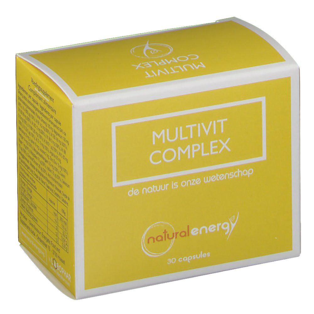 Scatola gialla con cornice bianca e scritta MULTIVIT COMPLEX. Logo Natural Energy. Contiene 30 capsule.
